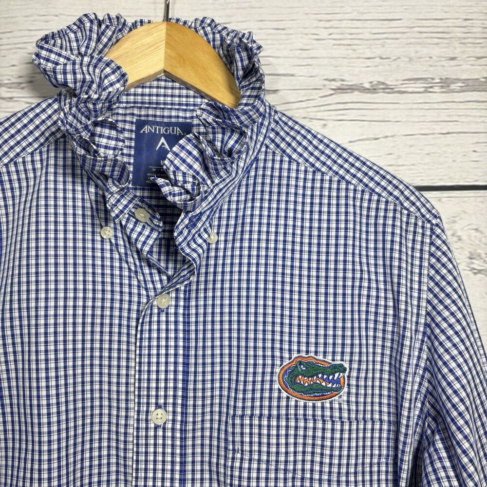 Florida Gators Reworked Ruffle Collar Shirt Upcycled Blue White Plaid , M/L UF